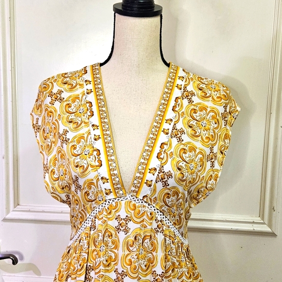 Loveriche Yellow Multi-Color Baroque V-Neckline Front Slit Maxi Dress,Small - Picture 11 of 15